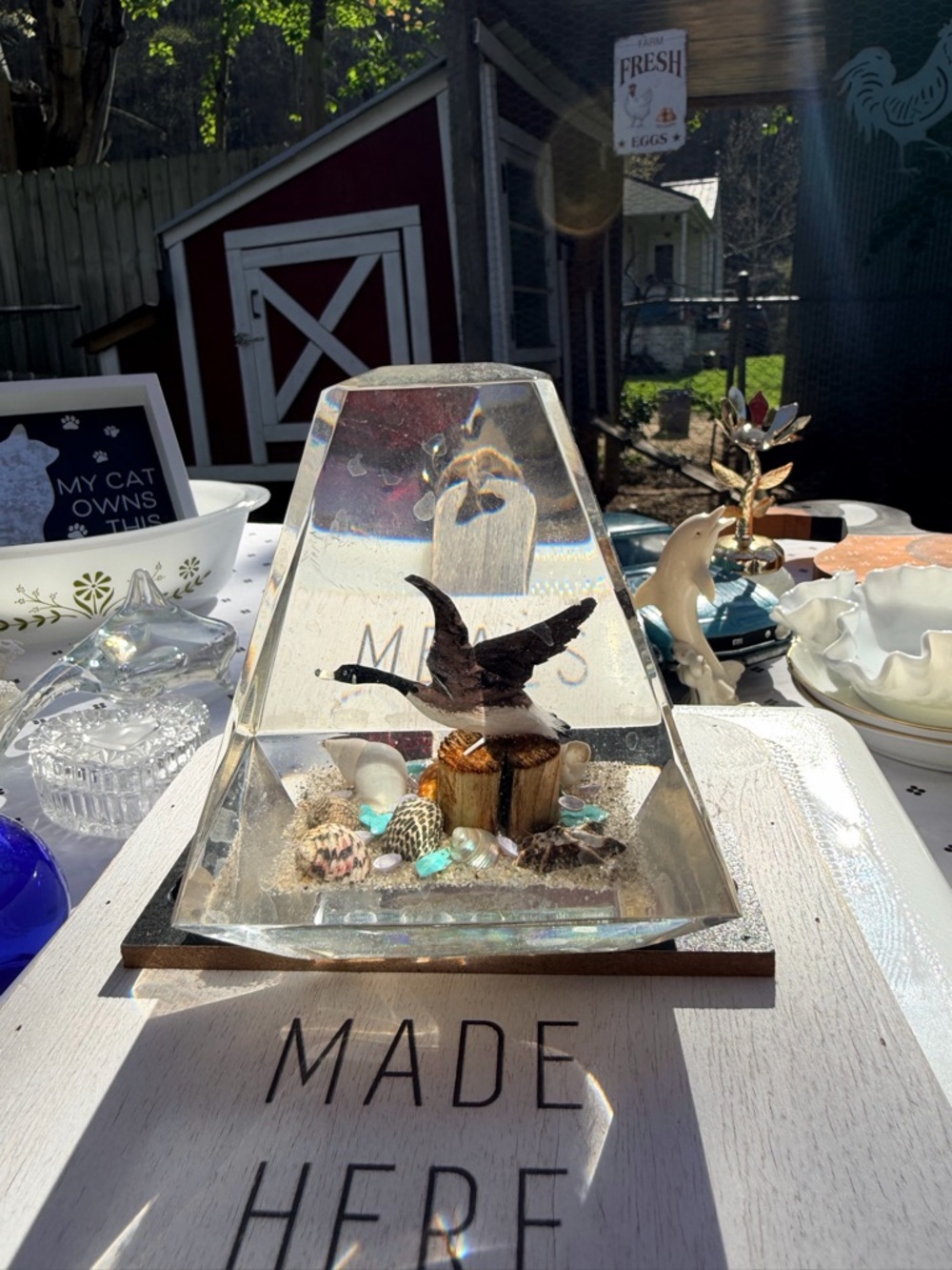 Clear Resin Pyramid Paperweight with Duck and Seashells - Beach Décor